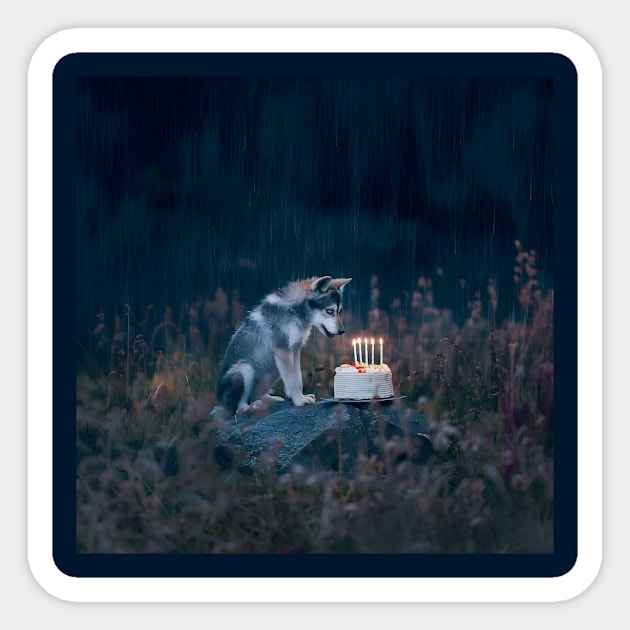 Siberian Husky Sits in Front of a Birthday Cake with Lit Candles, Suggesting a Celebration Sticker by animegirlnft